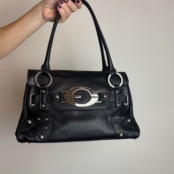 Guess Vintage Y2K Black Leather Shoulder Bag with Silver Hardware - Picture 1 of 6